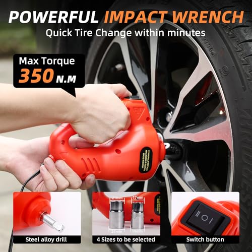 STANDTALL Electric Car Jack 5 Ton 12V Floor Jack, Impact Wrench, Inflator | Fits Sedan SUV Truck, Lift Range 5.9-17.7in, 350 N·m Impact Wrench, 35L/min Pump, 150 PSI Gauge, Headlight - color: Red Jack+Portable Wrench