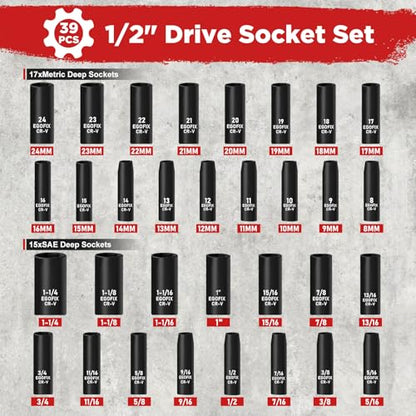 1/2” Drive Impact Deep Socket Set, 39 Pieces Metric(8-24mm)/SAE(5/16 to 1-1/4), CR-V Steel Tool Set with 3”, 5”, 10” Extension Bar, Adapters - style: 1/2-39PCS