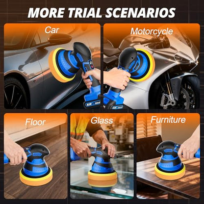 Cordless Car Buffer Polisher, 2x2Ah 21V Batteries 6'' Car buffer Waxer Kit, 6 Variable Speed 5500RPM Orbital Polisher, 5 Kinds Pads Polisher for Car Detailing, Boat Sanding, Scratch Removing