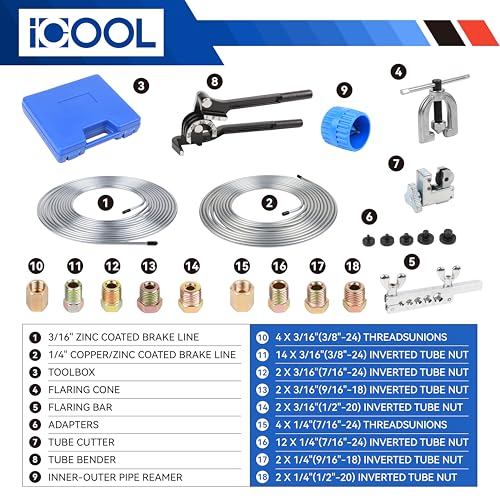 ICOOL 25 ft 3/16" and 1/4" Zinc Coated Brake Line Flaring Tool Kit with 20 Fittings and 4 Unions Brake Line Fittings, Brake Line Kit with Tube Bender and Reamer