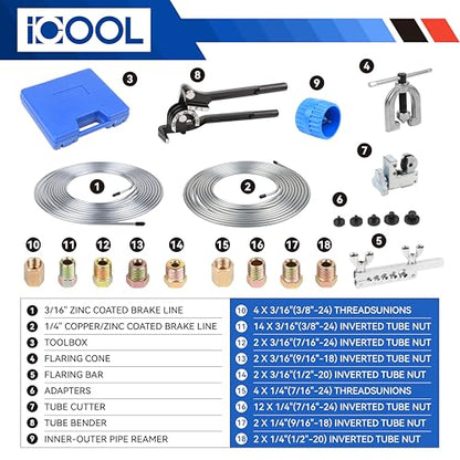 ICOOL 25 ft 3/16" and 1/4" Zinc Coated Brake Line Flaring Tool Kit with 20 Fittings and 4 Unions Brake Line Fittings, Brake Line Kit with Tube Bender and Reamer