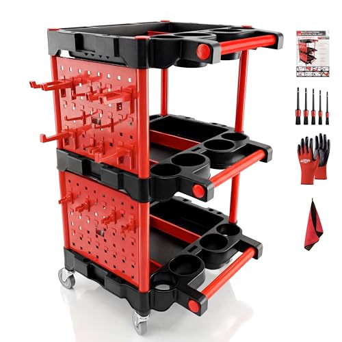 Auto Detailing Cart with Wheels, 3 Tier Rolling Detail Cart | With Long Hanging Plate, Hooks, Brush, Towel and Gloves, for Detailers Garage, Workshop, Repair Shop, Storage Tool - color: Top