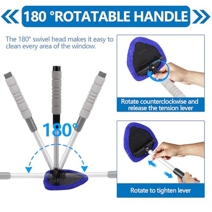 wuyaoyao Car Windshield Cleaning Tool, Car Windshield Window Cleaner, Auto Window Glass Cleaning Kit with Extendable Handle & Reusable Microfiber Pad & Spray Bottle, Universal Car Accessories (Blue) - color: Blue