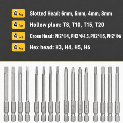 Bates- Long Screwdriver Bits Set, 16 pcs, 1/4 Hex Shank, Slotted, Phillips, Hex and Tamper Proof Torx Bits, S2 Steel Magnetic 3.94 Inch Long Drill Bit Set with Holder