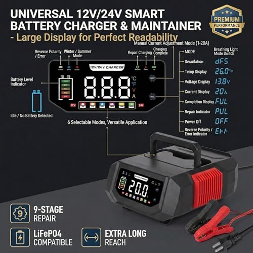 HAUSPROFI 20A Smart Car Battery Charger 12V/24V, Adjustable Current (1A-20A) Automotive Battery Maintainer & Trickle Charger with Pulse Repair, Desulfator for AGM, LiFePO4, Deep Cycle, Boat, RV - 0V A