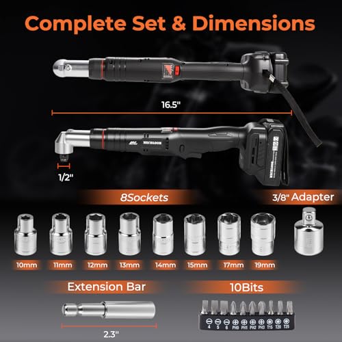 1/2" Brushless Right Angle Wrench 360 Rotating 160Nm, 2 Batteries | 6-Speed Control (800-3000 RPM), 4-Level LED Fuel Gauge, Includes 20pcs Sockets & Bits, 3500 IPM High Torque, Pro Tool Case