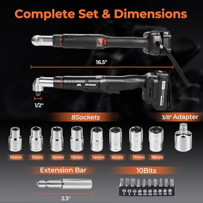 1/2" Brushless Right Angle Wrench 360 Rotating 160Nm, 2 Batteries | 6-Speed Control (800-3000 RPM), 4-Level LED Fuel Gauge, Includes 20pcs Sockets & Bits, 3500 IPM High Torque, Pro Tool Case