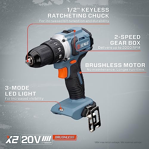 SENIX X2 20 Volt Max* 2-Piece Cordless Power Tool Kit with Battery Powered 1/2-Inch Drill Driver and 1/4-Inch Impact Driver, Includes Storage Bag, 2 2.0 Ah Batteries & Charger (S2K2B2-01) - style: Drill Driver and Impact Driver