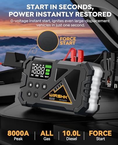 Jump Starter with Air Compressor, 8000A 160PSI Portable 12V Car Jump Starter for All Gas or 10.0L Diesel Engine, Battery Booster with LCD Display, LED Light & Jump Cables - size: L-30