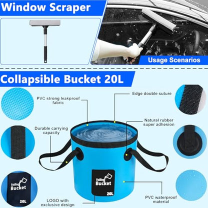 THINKWORK Car Wash Kit with Foam Gun, Extendable Mop & Collapsible Bucket | Adjustable Spray, Complete Car Detailing Kit, Soft Microfiber, Scratch-Free Paint Protection, Car & Home Use, Great Gift - color: Blue(33PCS)