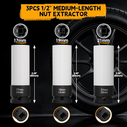 1/2" Drive Impact Twist Socket Set & Bolt Extractor Set, 3PCS 17/19/21MM Non-Marring Thin Wall Impact Sockets, Medium-Length Deep Wheel Protector Socket Set, CR-MO Lug Nut Remover