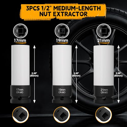 1/2" Drive Impact Twist Socket Set & Bolt Extractor Set, 3PCS 17/19/21MM Non-Marring Thin Wall Impact Sockets, Medium-Length Deep Wheel Protector Socket Set, CR-MO Lug Nut Remover