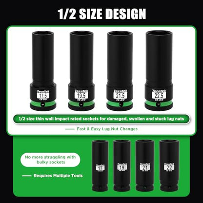TecoTek 4PCS 1/2" Drive 1/2 Size Thin Wall Lug Nut Socket Set, Half Size Wheel Socket, 17.5mm, 19.5mm, 21.5mm, and 22.5mm, CR-MO, for Damaged, Swollen and Stuck Lug Nuts