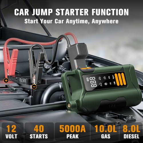 Jump Starter with Air Compressor, 5000A Car Battery Jump Starter, 16000mAh Battery Jumper Starter Portable for 10L Gas/Diesel Engine with 160PSI Booster, LED Display & Light, Jumper Cables - size: Standard Style, 5000A+16000mAh+160PSI