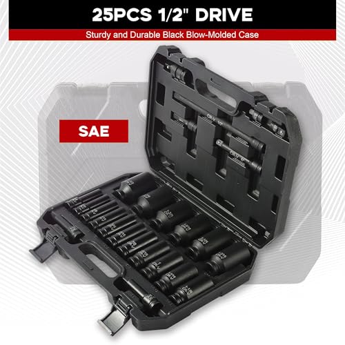 Aloanes 25-Piece 1/2" Drive Socket Set, SAE (3/8"- 1-1/2"), Deep Sockets, 1/2" F to 3/8" M Reducer,3/8" F to 1/2" M Reducer, Universal Joint, Extension Bars, 6 Point, Cr-V - size: 1/2" 25 PCS SAE