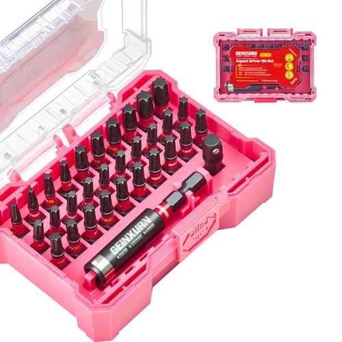 Geinxurn 32Pieces Impact Screwdriver Bits Set, S2 Steel Torx Muliti Insert Bits Tips Set with Impact Bit Holder and 1/4”Socket Adapter(Pink Storage Box Case) - style: FQ032025-BPK