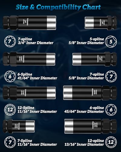 Spline Lug Nut Socket Set | 5/6/7/12 Spline Wheel Lock Removal Kit | 5 Spline Lug Nut Key, 6 Spline Lug Nut Socket,7 spline lug nut key, 12 Point Wheel Lock Key,