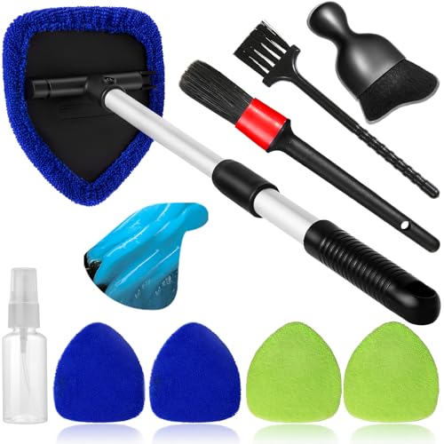 Qydipclin 10pcs Windshield Cleaner Tool, Car Window Cleaning Wash Kit with 4 Reusable Microfiber Pads 1 Spray Bottle and Extendable Handle Auto Glass Wiper Kit, Blue&Green - color: Blue & Green