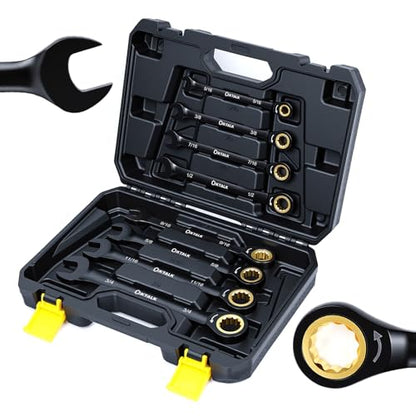8PCS SAE Ratcheting Wrench Set, 72-Tooth Combination Wrench Set, 5/16"-3/4" | 5-Degree Swing Arc for Tight Spaces, CR-V Steel, Rust-Resistant Black Finish with Storage Organizer - size: SAE