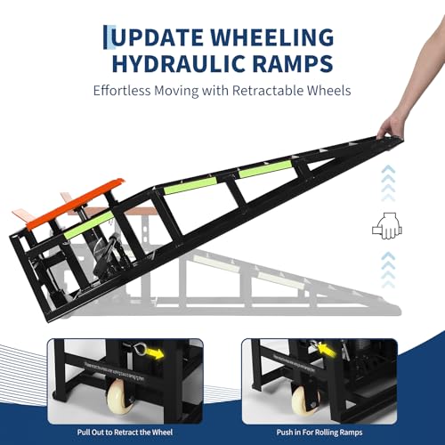 Heavy Duty Hydraulic Car Ramps 2 Pack, 5 Ton Capacity 9-15 Inch Lift for Cars SUVs Trucks with Rolling Wheels & Reflective Strips for Oil Changes Tire Rotations - color: Orange With Rolling Wheels
