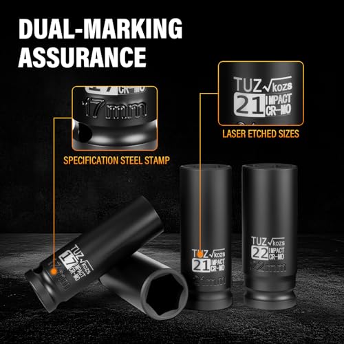 5 Pieces 1/2 inch Drive Deep Impact Socket Set, Metric,15mm 17mm 19mm 21mm 22mm,Cr-Mo,6-Point,Spindle Axle Nut Impact Socket | Cr-Mo, Radius Corner Design, Spindle Axle Nut Impact Socket, 6-Point