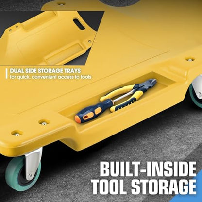 PM PERFORMOTOR 40Inch Low Profile Plastic Rolling Garage Shop Creeper with Padded Headrest,Tool Trays & 6pcs Casters, Yellow, PM-TOL-CPC40-YL - size: 40 Inches