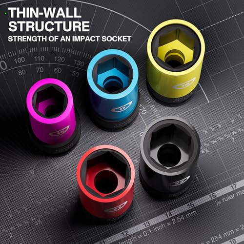 5PCS 1/2" Drive Impact Lug Nut Socket Set, 15 17 19 21 22 MM | Impact Wheel Socket Kit, Thin Wall Non-Marring Deep Socket with Protective Sleeves, Color-Coded Sleeves, CR-MO Steel - size: Metric