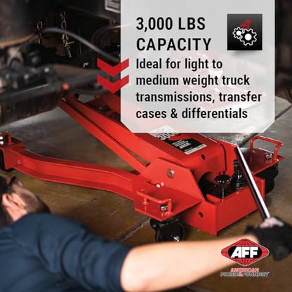AFF Low Profile Manual Hydraulic Transmission Jack - Heavy Duty Steel Body, Adjustable Saddle with Safety Chain & 360 Handle - for Transmissions, Transfer Cases & Differentials (Multiple Capacities) - size: 3000 lbs Capacity
