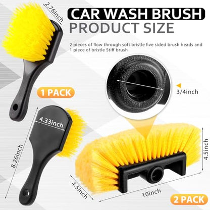 Vesici 2 Pcs 10 Inch Car Wash Brush Head with Soft Detailing Bristle Flow Through Car Cleaning Brush with 1 Pcs Stiff Bristle Wheel Brushes for Car Motorboat Rv Facades of Houses Wheel Carpet (Yellow) - color: Yellow
