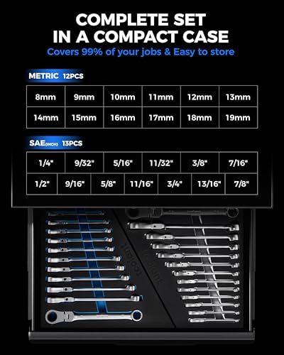 toolant 25pcs Ratcheting Wrench Set, Reversible Flex Head & Offset Head Double Box-End Ratcheting Wrench Set, 8-19mm & 1/4"-7/8" Set, 90-Teeth and 4° Swing, with Storage Tray - size: 25PCS 8-19mm & 1/4-7/8"