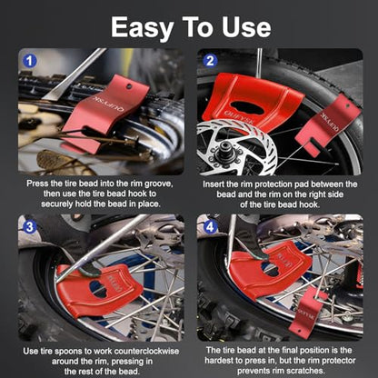 14.5" Tire Spoons Kit, Tire Changing Tool for Motorcycles, Dirt Bikes, Bicycles, Tire Install Removal Tool Set with 3 Tire Irons, 2 Rim Protectors, Tire Bead Holder Hook, Valve Core Tool, Bag