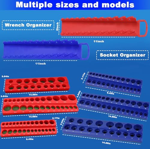 Magnetic Socket Organizer Set, 8PCS Socket Holder Organizer with 6 Socket Trays & 2 Wrench Racks, 1/4", 3/8", 1/2" Metric & SAE Tool Box Organizer for Garage, Toolbox, (Socket, Wrench not Included) - size: 8Pcs Socket Set