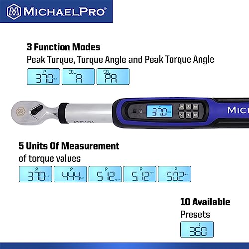 MichaelPro 3/8 Digital Torque Wrench with Angle Function, 10 to 100 ft-lbs (10 to 135 Nm), Target Torque Multi-Alert System, 10 Available Presets | MP001224 (3/8" Drive Fixed Head) - size: 3/8" Drive Fixed Head