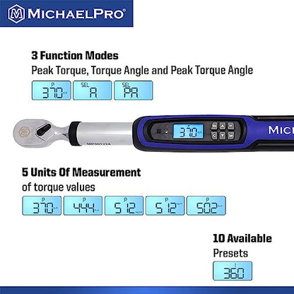 MichaelPro 3/8 Digital Torque Wrench with Angle Function, 10 to 100 ft-lbs (10 to 135 Nm), Target Torque Multi-Alert System, 10 Available Presets | MP001224 (3/8" Drive Fixed Head) - size: 3/8" Drive Fixed Head