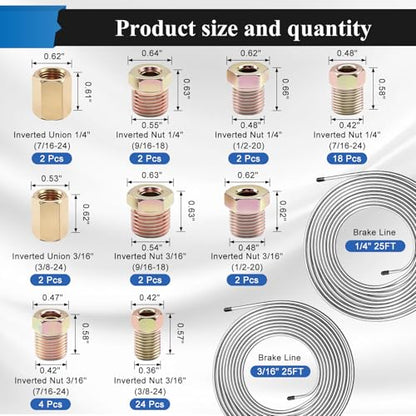 60Pcs 2 Sets 3/16 Inch & 1/4 Inch 25 FT Brake Line Tubing Kit with 58 Pcs Brake Line Fittings, Zinc Coated Alloy Steel Brake Lines Kit Replacement for Hydraulic Fuel Transmission Line - size: 3/16 + 1/4 Inch Silver, style: Brake Line