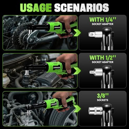 3/8" Extended Electric Ratchet Wrench Set, 12V Cordless Ratchet with Variable Speed, 6 Sockets, LED Light, 1/4" Adapter, 1/2" Adapter, 2.0Ah Battery - style: Extended neck & 1 battery