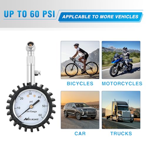 Nilight Tire Pressure Gauge 60PSI Heavy Duty Stainless Steel Air Chucks ANSI B40.1 Certified Large 2" Dial Wheel Service Checker for Truck Semi Truck ATV Motorhome Cars & RV Accessories - color: 60psi Tire Gauge