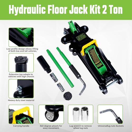 2 Ton (4,400 lbs) Hydraulic Trolley Floor Jack with Wrench Sockets, Quick Lift, Heavy-Duty Steel Construction, Adjustable Height Extension Adapter for Sedans, Trucks, SUVs & ATVs