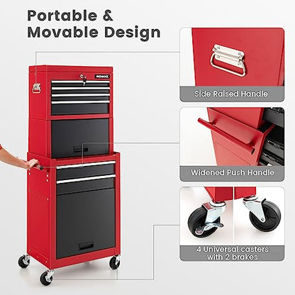 ERGOMASTER Rolling Tool Chest - Removable Top Box Large Bottom Cabinet with Casters and Lock System Tool-Box - Heighten 6-Drawer Red - color: Black&red, size: 6-Drawers