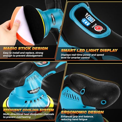 Cordless Car Buffer Polisher Kit with 2x2000mAh 21V Batteries and 28PCS Kit | 8-Speed 6000RPM, 9mm Dual Action Orbit, 150mm Base Plate, Brushless Motor, LED Display, for Waxing/Polishing/Scratch Removal