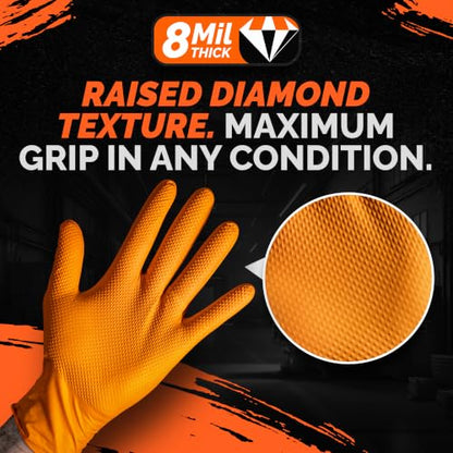 GripProtect 8 Mil Nitrile Gloves – Chemical Resistant, Diamond-Raised Textured Gloves, Orange Heavy Duty Disposable Gloves - size: M