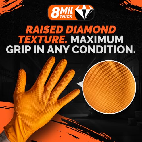 GripProtect 8 Mil Nitrile Gloves – Chemical Resistant, Diamond-Raised Textured Gloves, Orange Heavy Duty Disposable Gloves - size: S