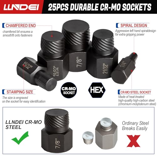 LLNDEI Screw Extractor Set Hex Head Multi-Spline Easy Out Bolt Extractor Set, EZ Out Rounded Screw Remover, 1/8 Inch to 7/8 Inch in 1/32-Inch Increments, CR-MO, 25 Pieces, Stripped Fastener Tool - size: Screw Extractor Set -25pcs
