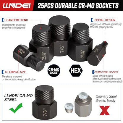 LLNDEI Screw Extractor Set Hex Head Multi-Spline Easy Out Bolt Extractor Set, EZ Out Rounded Screw Remover, 1/8 Inch to 7/8 Inch in 1/32-Inch Increments, CR-MO, 25 Pieces, Stripped Fastener Tool - size: Screw Extractor Set -25pcs