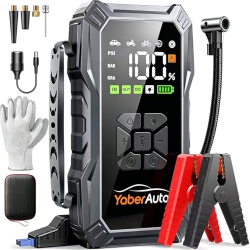 YaberAuto 10-in-1 Jump Starter with Air Compressor 6000A 150PSI Car Battery Jump Starter (All Gas/10L Diesel) 12V Jump Box Car Battery Jumper Starter Portable Jumper Cables, 150W DC, Gloves, Lights - size: 6000A