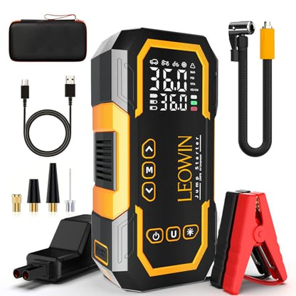 LEOWIN Jump Starter with Air Compressor Portable, Yellow | 4500A 12V Car Battery Jumper Starter (9.0 Gas/6.5L Diesel) with 150PSI Tire Inflator, with Smart Jumper Cables, LED Light - color: Yellow