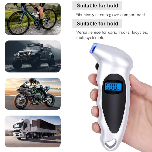 KVAEY Digital Tire Pressure Gauge, 150 PSI 4 Settings Accurate Tire Gauge with Non-Slip Grip, Backlight LCD Tire Pressure Gauge Reader Checker Tool for Car Truck Bicycle Motorcycle (Silver) - color: Silver
