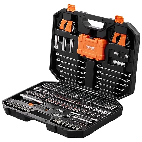 VEVOR Mechanics Tool Set and Socket Set, 1/4" and 3/8" Drive Deep and Standard Sockets, 145 Pcs SAE and Metric Mechanic Tool Kit with Bits, Combination Wrench, Hex Wrenches, Accessories, Storage Case - size: 1/4"&3/8", style: NEW 145 PC