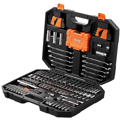 VEVOR Mechanics Tool Set and Socket Set, 1/4" and 3/8" Drive Deep and Standard Sockets, 145 Pcs SAE and Metric Mechanic Tool Kit with Bits, Combination Wrench, Hex Wrenches, Accessories, Storage Case - size: 1/4"&3/8", style: NEW 145 PC