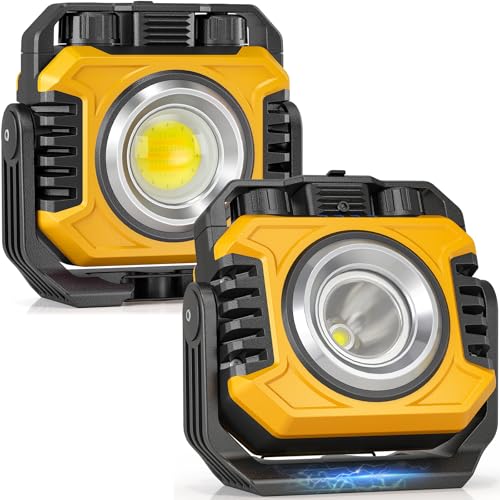 Samyoung 2-Pack 2400LM Magnetic Rechargeable LED Work Light, Up to 80 Hours | Dual-Sided, Stepless Dimming 2700K-8000K, Magnetic Flashlight with 360° Rotating Stand & Hook, Car Repair, Emergency, Yellow - color: Yellow